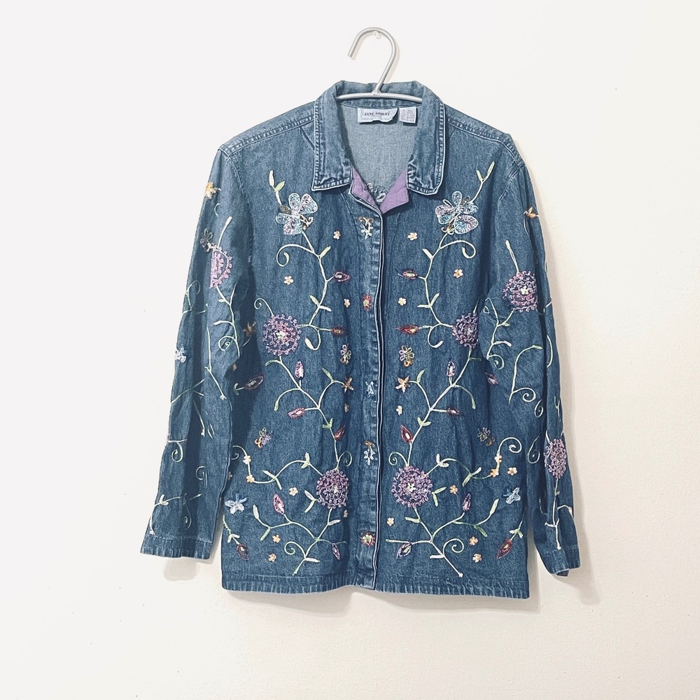Jane Ashley Womens‎ Denim Jacket Embroidered Floral Blue Button Down Shirt